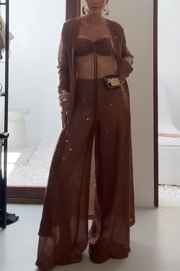 Seaside Whisper Sequin Tie-up Elastic Crop Tank and High Rise Zipper Loose Pants Set-consonak