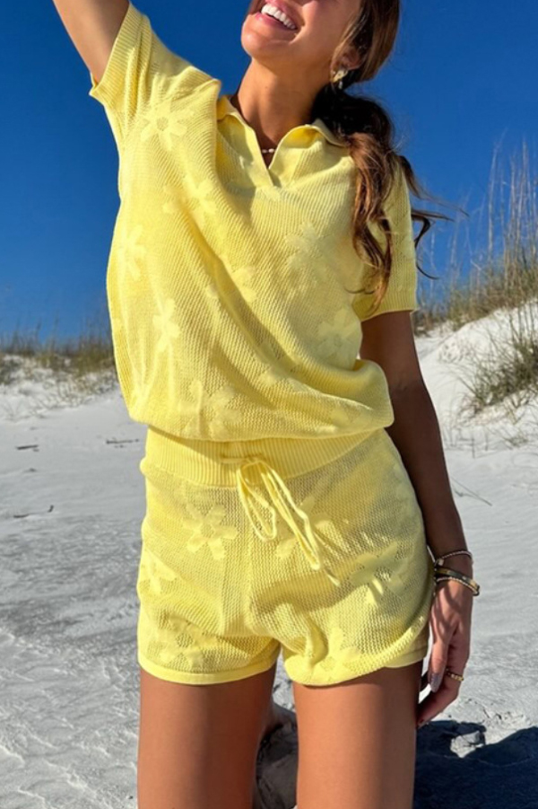 Solid Color Loose Short-sleeved Openwork Top and Elastic Waist Casual Knit Shorts Cover-up Set-consonak