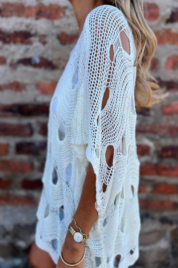 Solid Color Loose-fitting Openwork Casual Knit Top-consonak