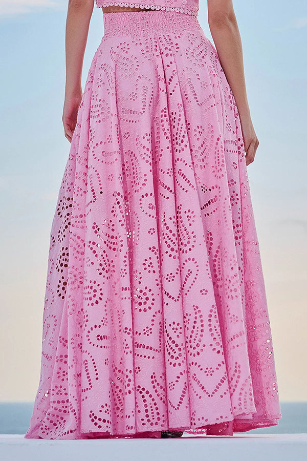 Paris Dreaming Embroidered Lace High Rise Elastic Waist Pocketed Maxi Skirt  | Consonak