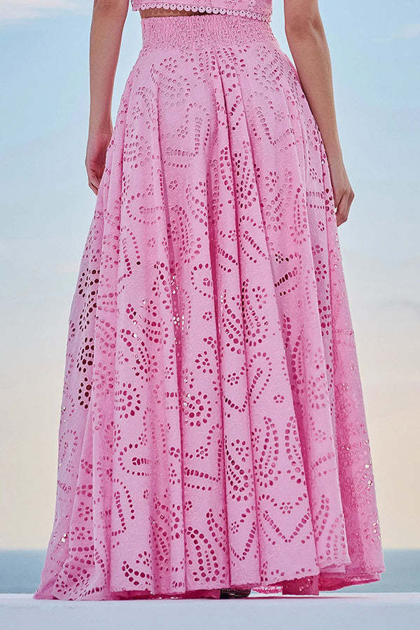 Paris Dreaming Embroidered Lace High Rise Elastic Waist Pocketed Maxi Skirt -consonak