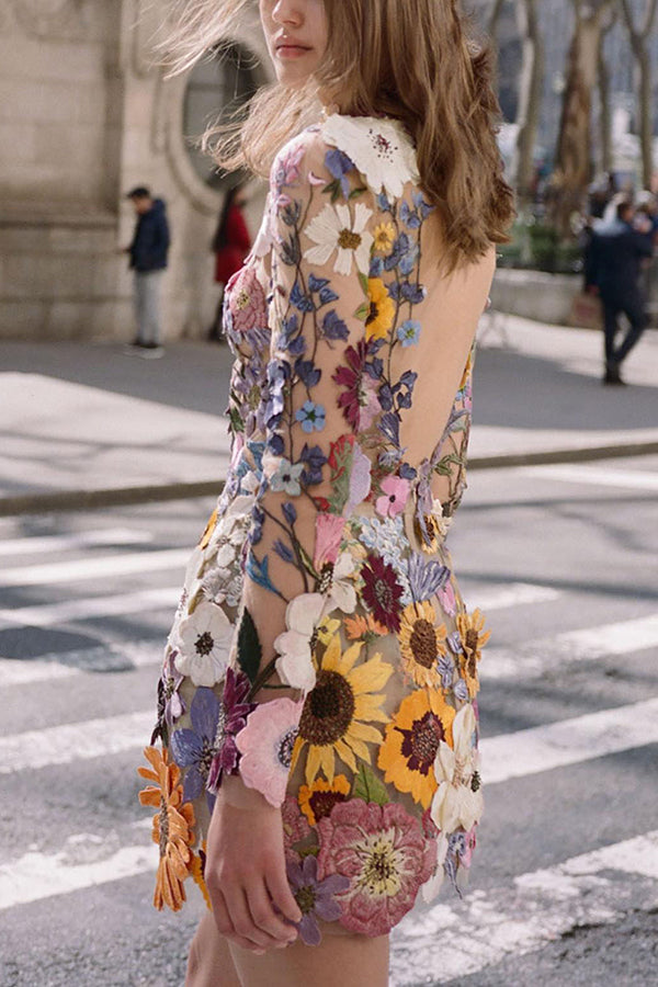 Elegantly Enchanted Floral Applique Backless Long Sleeve Mini Dress-consonak
