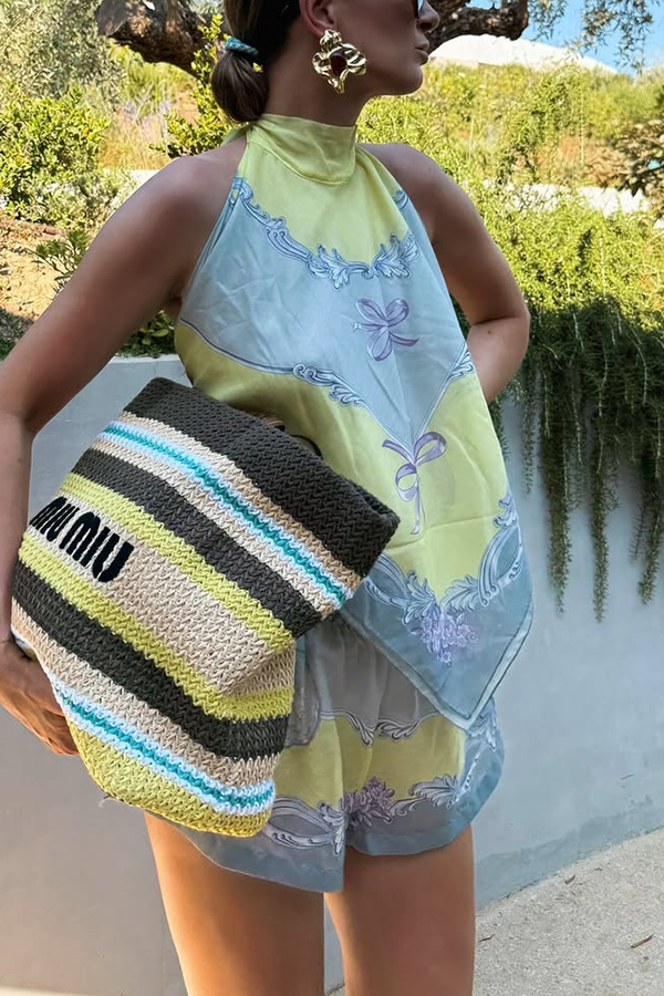 Amalfi Coast Satin Unique Print Scarf Top and Elastic Waist Pocket Loose Shorts Set | Consonak