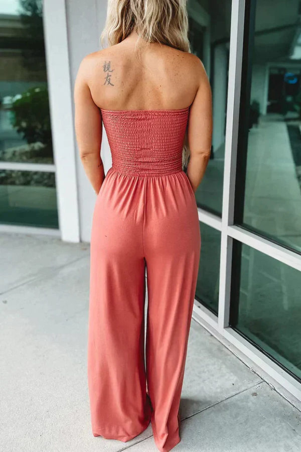 Solid Color Sleeveless Off-shoulder Pleated Loose Pocket Casual Wide-leg Jumpsuit | Consonak