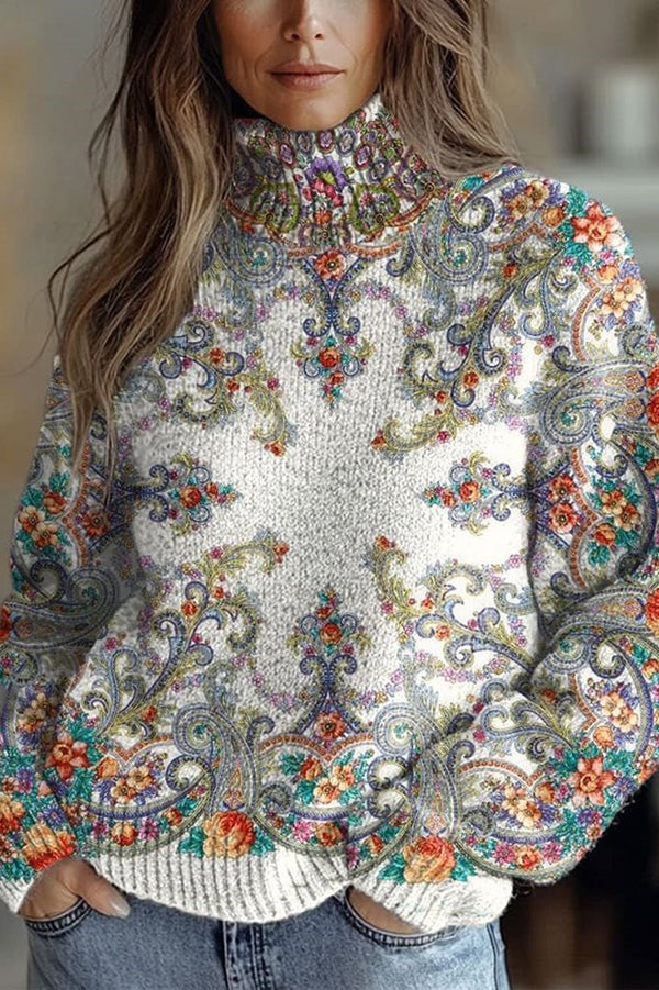 Floral Pattern High-Neck Long-Sleeved Loose Sweatshirt | Consonak