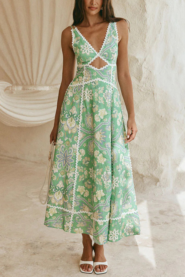 Linen Blend Unique Print V-neck Sleeveless Cutout Waist-cinching Maxi Dress | Consonak