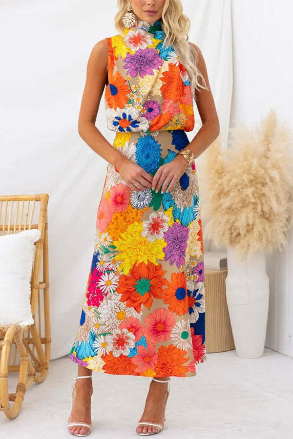 Land of Beauty Floral Print Halter Neck Elastic Waist Party Maxi Dress-consonak