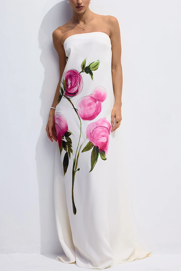 Garden Wedding Painted Roses Print Strapless A-line Maxi Dress-consonak