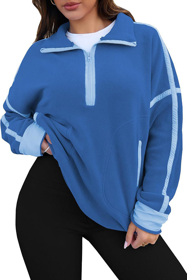 Stylish Color-blocked Trim Loose Casual Pocket Sweatshirt-consonak
