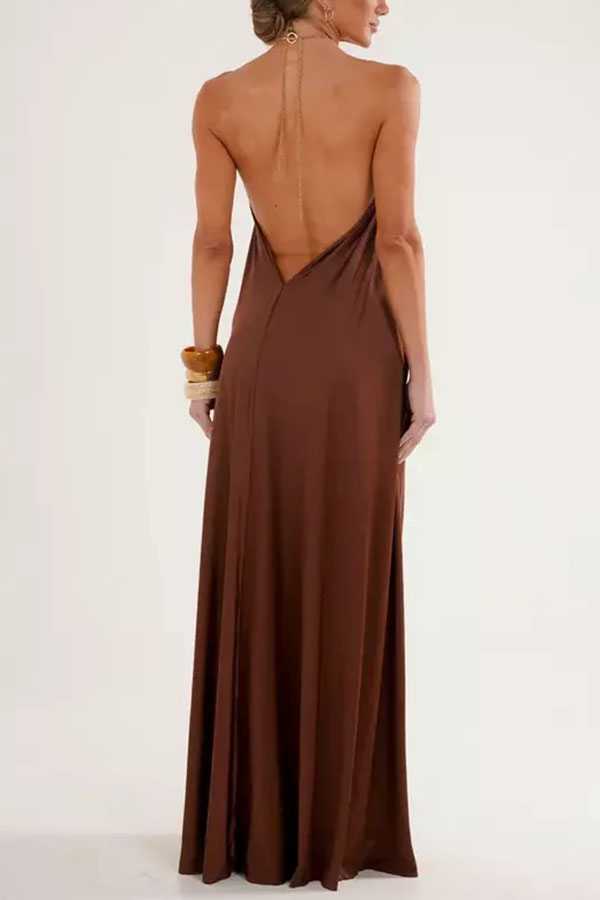 Ocean Goddess Metal Circular Chain Halter Backless Vacation A-line Maxi Dress | Consonak