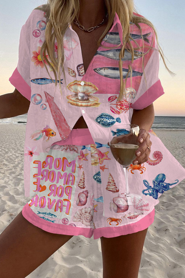 Marine Creature Print Loose Button Elastic Waist Shorts Set