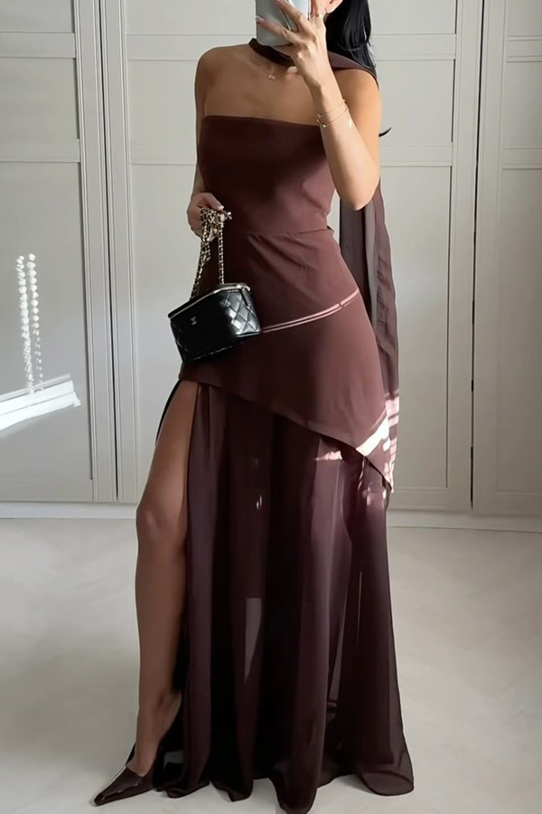Monaco Off Shoulder Structured Top Chiffon Slit Hem Scarf Maxi Dress | Consonak