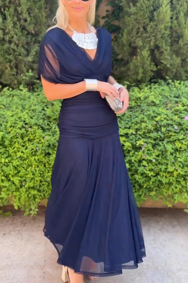 Unique Printed V-Neck Waisted Mesh Holiday Maxi Dress-consonak