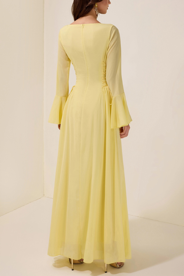 Fashionable Beaded Long-sleeved Square-neck Fitted Waist Tie Maxi Dress-consonak