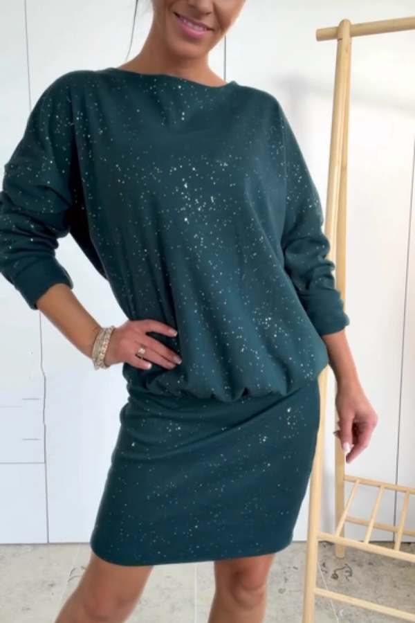 Solid Color Sparkly Round Neck Long Sleeve Casual Mini Dress