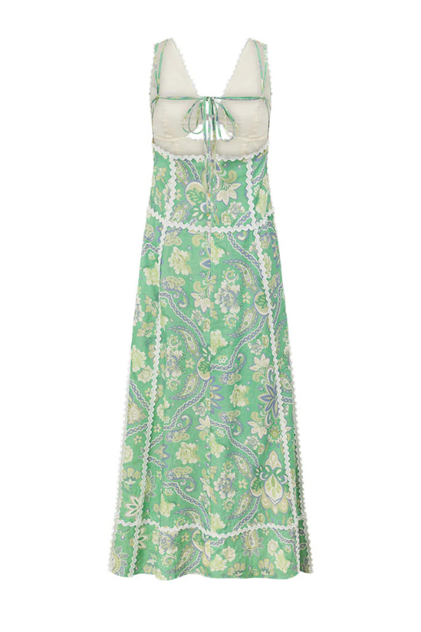 Linen Blend Unique Print V-neck Sleeveless Cutout Waist-cinching Maxi Dress | Consonak