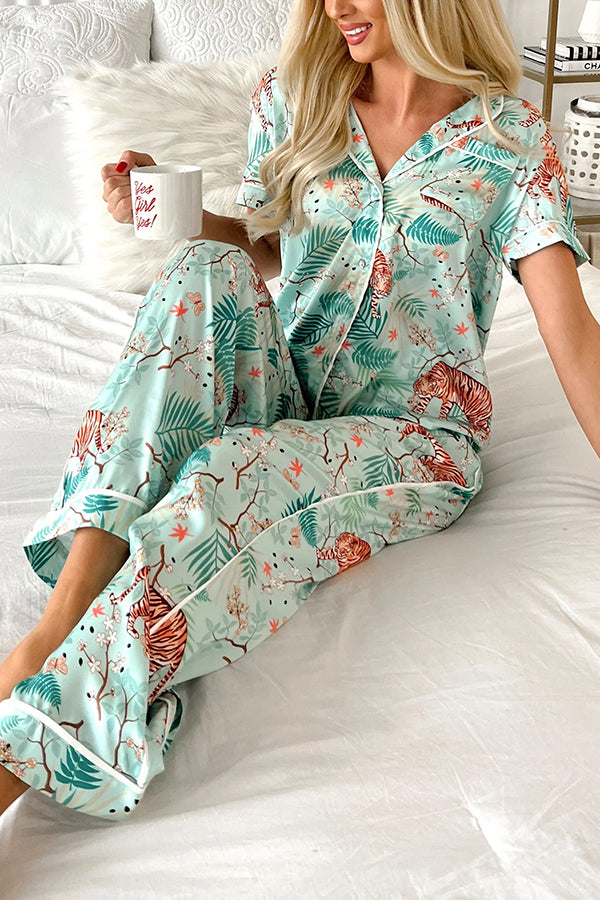 Sleeping Tiger Satin Elastic Waist Pocketed Pajama Pants Set-consonak