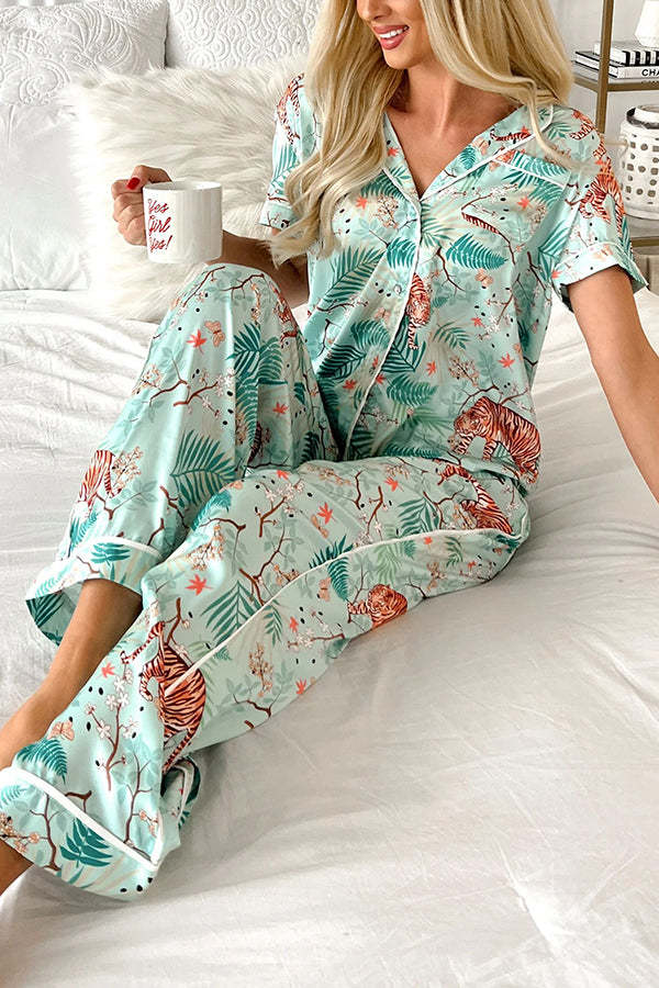 Sleeping Tiger Satin Elastic Waist Pocketed Pajama Pants Set-consonak
