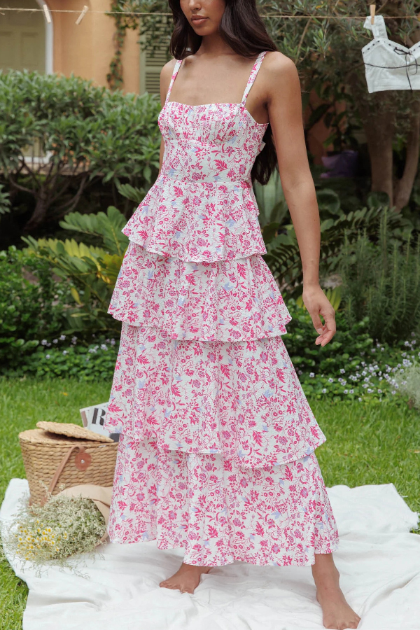 Floral Print Square Neckline Back Tie Casual Holiday Maxi Dress