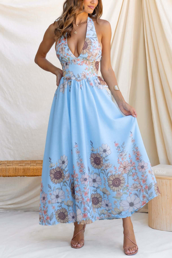 Sunflower Print V-neck Fitted Waist Elegant Maxi Dress