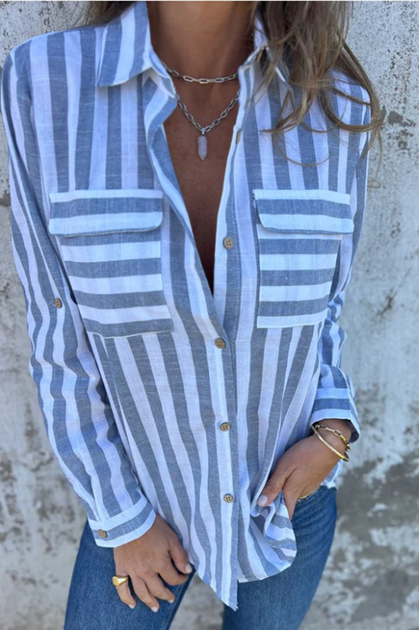 Striped Print Casual Pocket Shirt Top-consonak