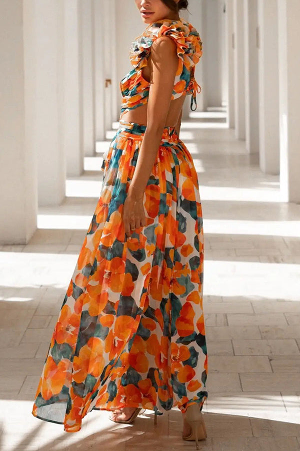 Lost in The Melody Chiffon Printed Flutter Sleeve Cutout Back Lace-up Maxi Dress-consonak