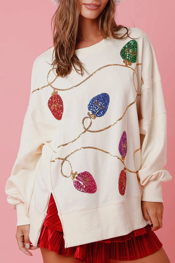 Christmas Lights Sequin Slit Pullover Sweatshirt-consonak
