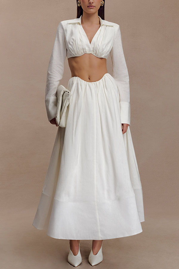 Greta Linen Blend Bra-style Gathered Long Sleeve Crop Shirt and Mid Rise Pocket Umbrella Skirt Set-consonak