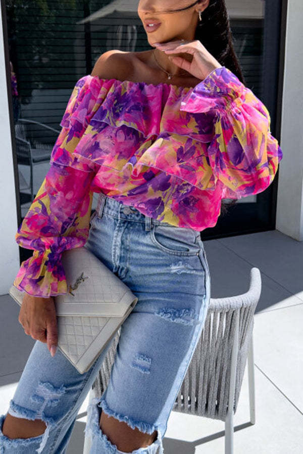 Colorful Botanical Print Sexy Off-shoulder Ruffle Top-consonak