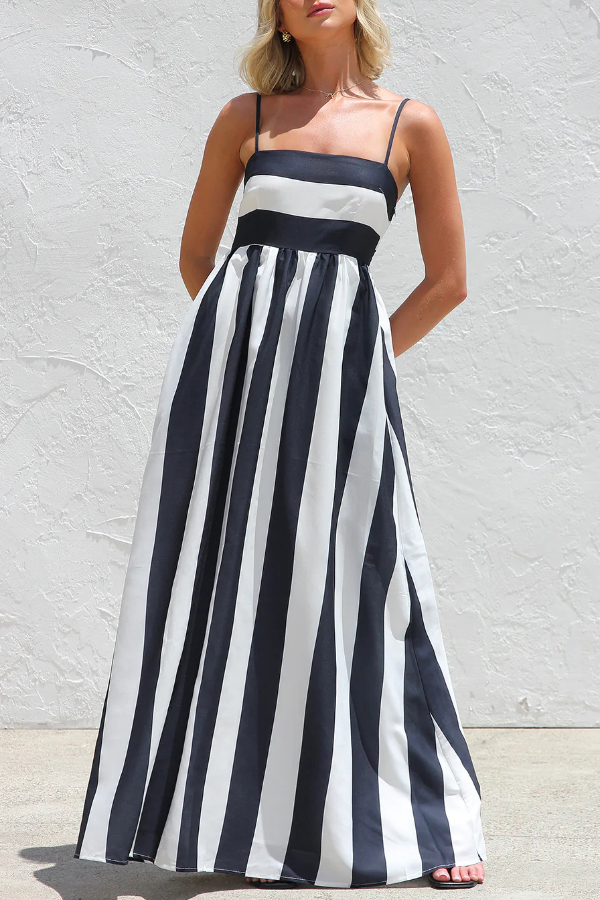 Color-blocked Striped Print Square Neck Suspender Casual Pocket Maxi Dress | Consonak