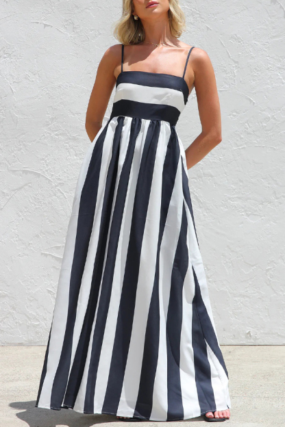 Color-blocked Striped Print Square Neck Suspender Casual Pocket Maxi Dress
