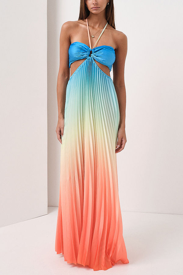 Get Ready Beautiful Gradient Print Cutout Halterneck Pleated Maxi Dress-consonak