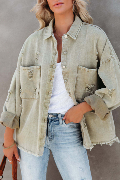 Stylish Lapel Long Sleeve Ripped Denim Jacket-consonak