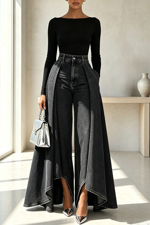 High-Waist Overlay Wide-Leg Jeans-Consonak