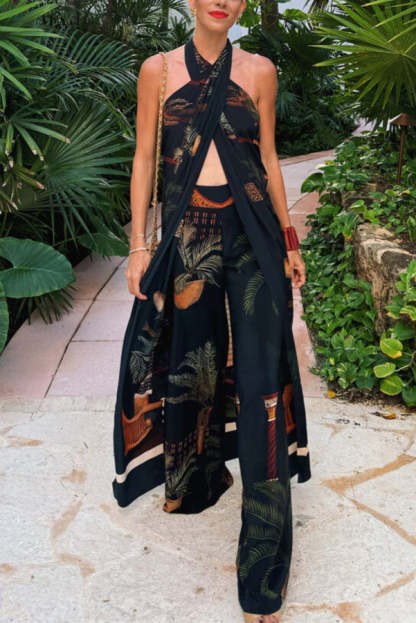 Jungle Elf Unique Print Halter Slit Midi Tank and Elastic Waist Wide Pants Set-consonak
