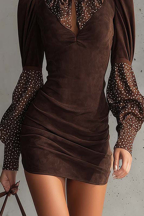 Stylish Suede Patchwork Slim-fit Long-sleeved Mini Dress-consonak