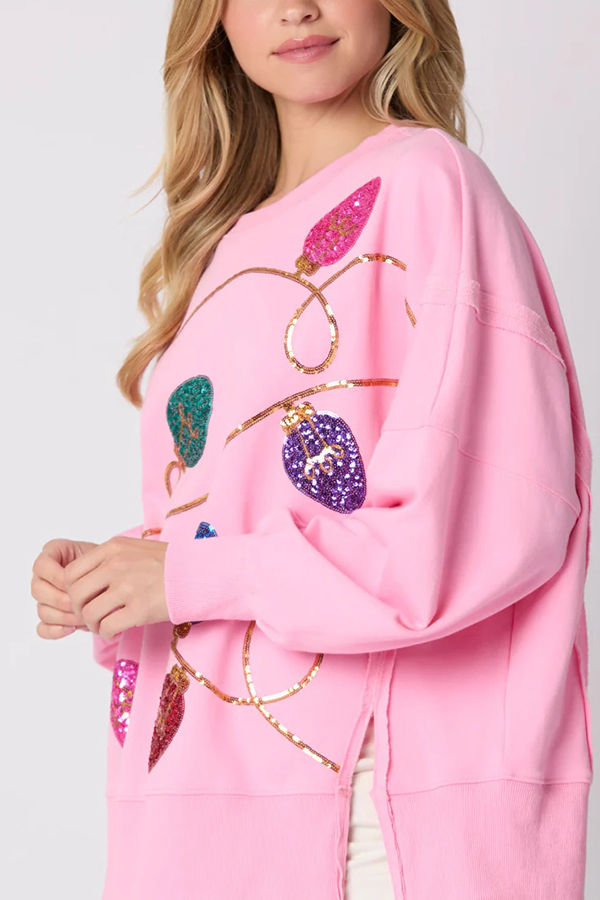 Christmas Lights Sequin Slit Pullover Sweatshirt | Consonak