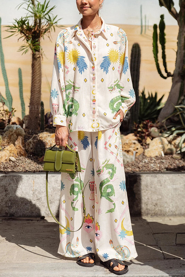 Embrace Magic Linen Blend Unique Print Button Down Oversized Blouse-consonak