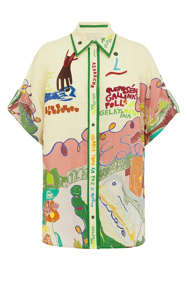 Miena Linen Blend Unique Print Short Sleeve Button Up Oversized Shirt-consonak