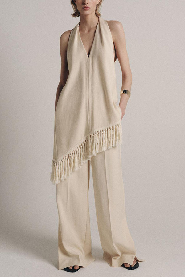 Kortnie Linen Blend Tassel Hem Halter A-line Top and High Rise Pocket Wide Leg Slit Pants Set-consonak