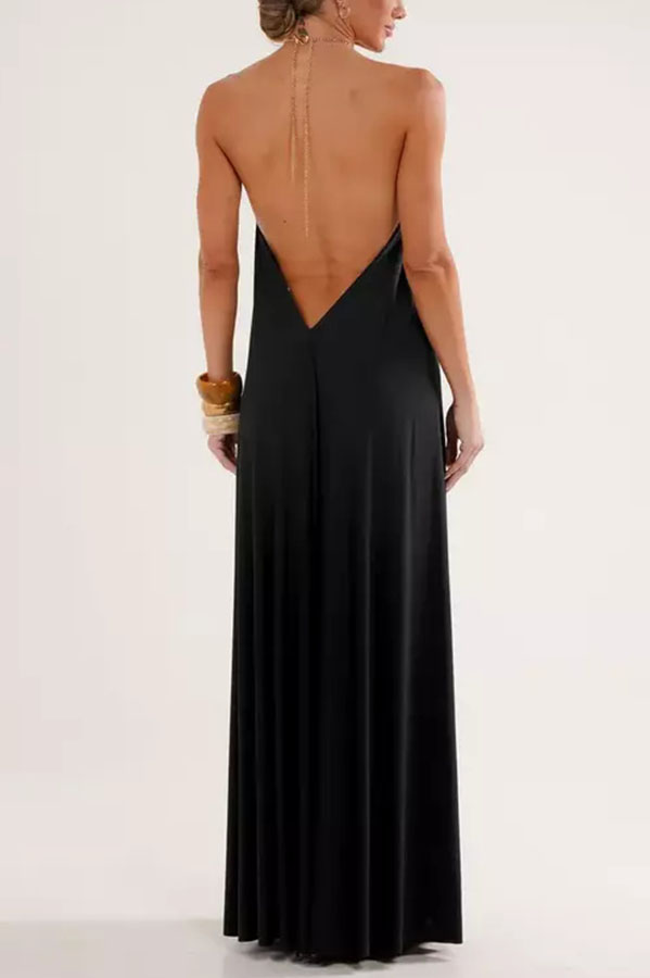 Ocean Goddess Metal Circular Chain Halter Backless Vacation A-line Maxi Dress-consonak