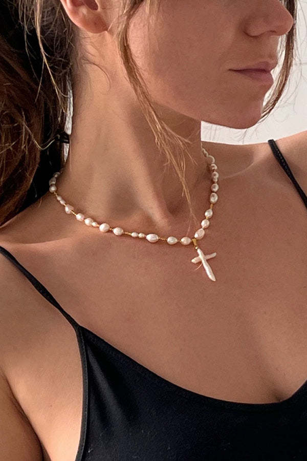 Stylish Pearl Cross Necklace-consonak