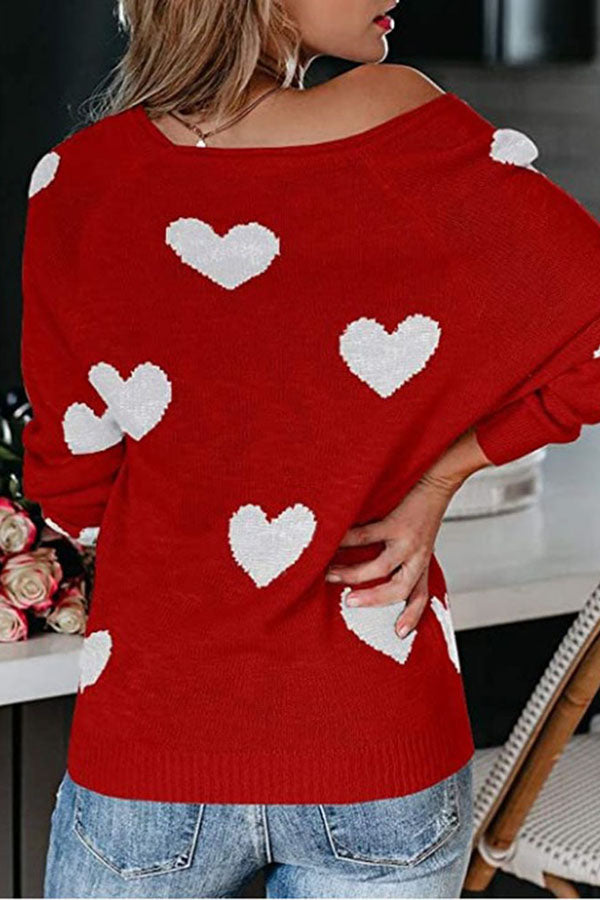 Stylish Color-blocked Heart-patterned Long-sleeved Loose Knit Sweater-consonak