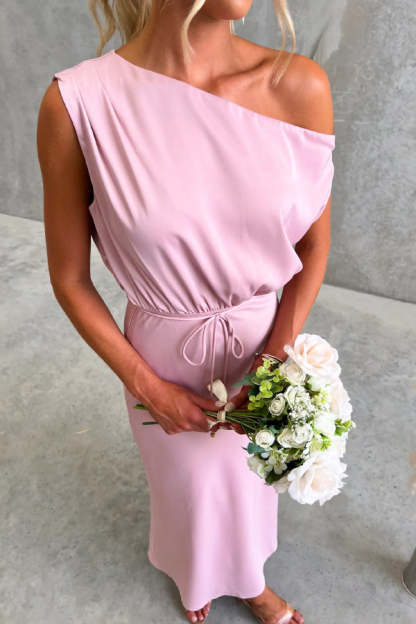 Solid Color One-shoulder Sleeveless Belted Casual Maxi Dress