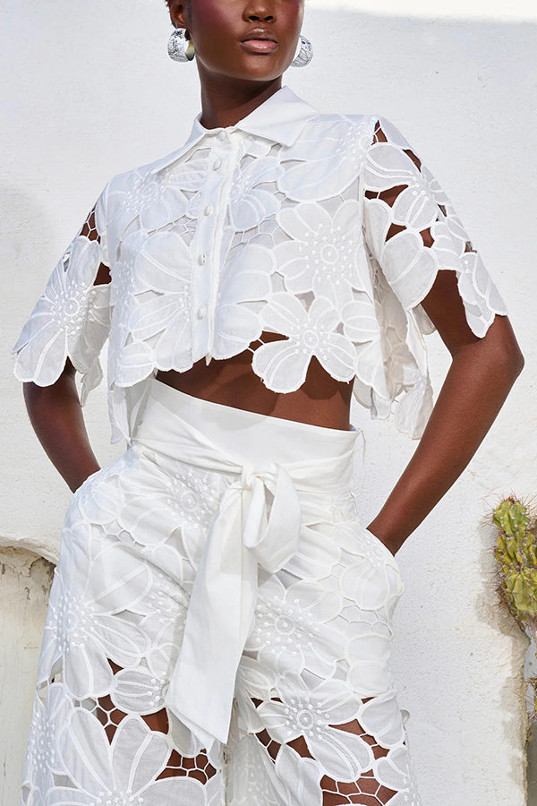 Redefining Elegance Floral Lace Cropped Shirt and Belt Pocketed Wide Leg Pants Set | Consonak