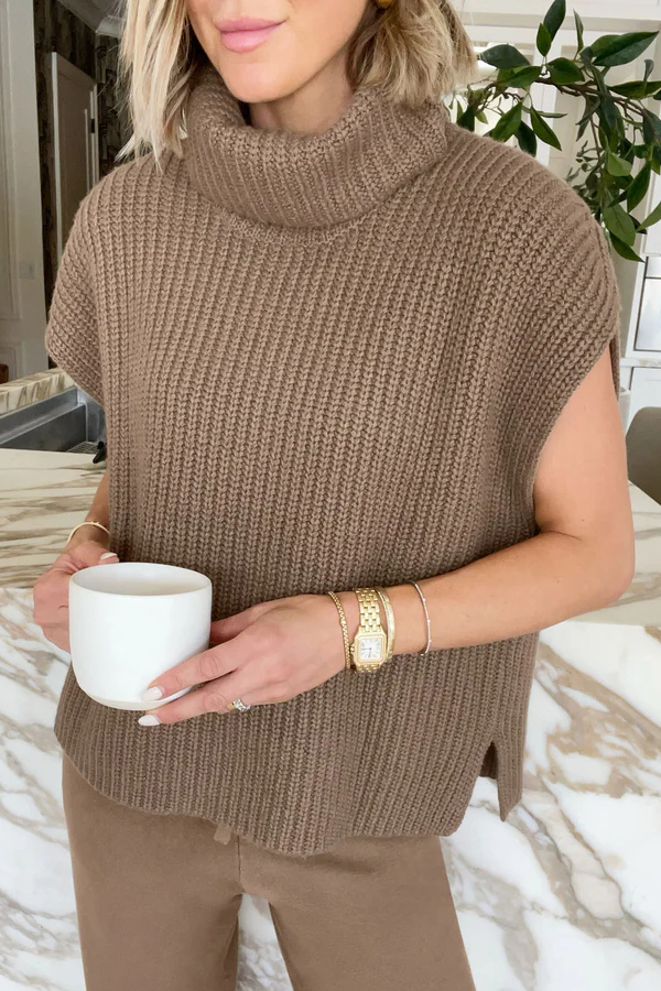 Comfortable and Luxe Knit TurtleNeck Cap Sleeves Lightweight Sweater-consonak