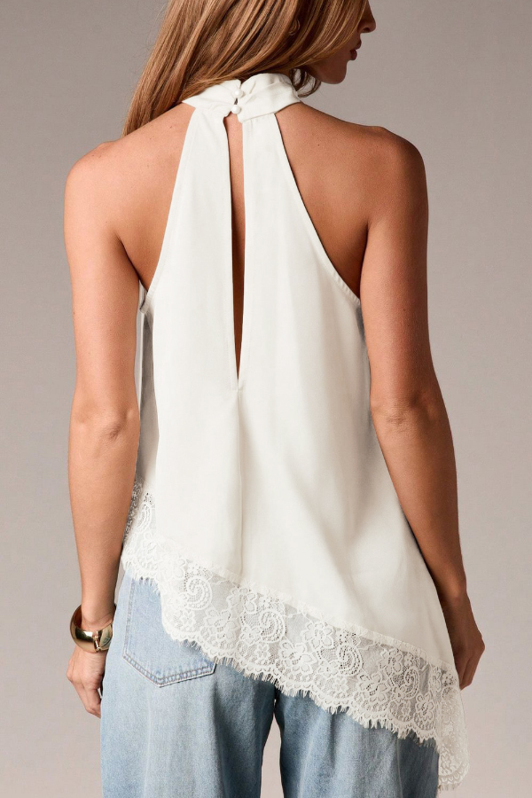 Solid Color Satin Sleeveless Lace Hem Loose Top