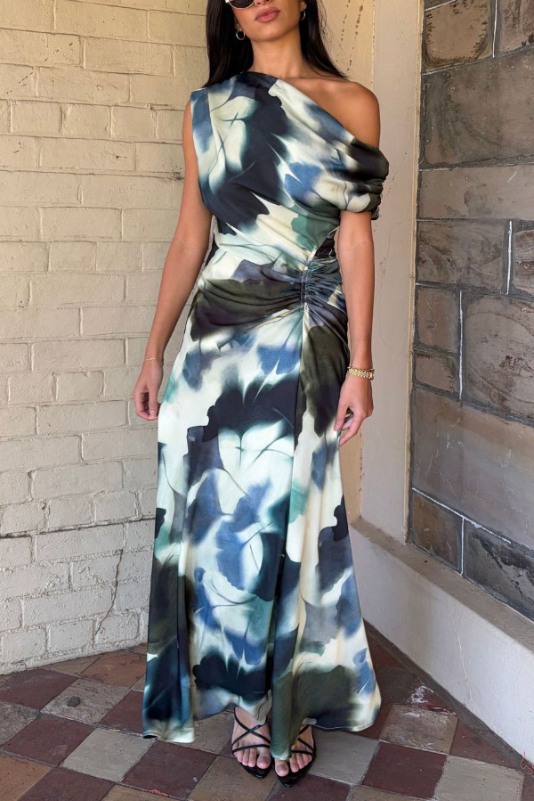 Unique Print Asymmetrical Off-Shoulder Pleated Waist Casual Maxi Dress