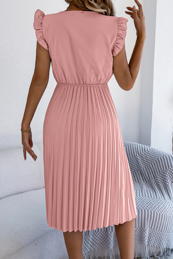 Solid Color V-neck Lace-trimmed Sleeveless Casual Pleated Midi Dress | Consonak