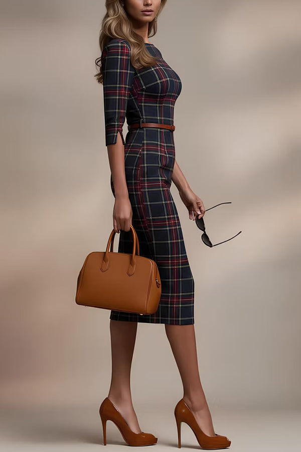 Plaid Print Half Sleeves Fitted Elegant Midi Dress-consonak